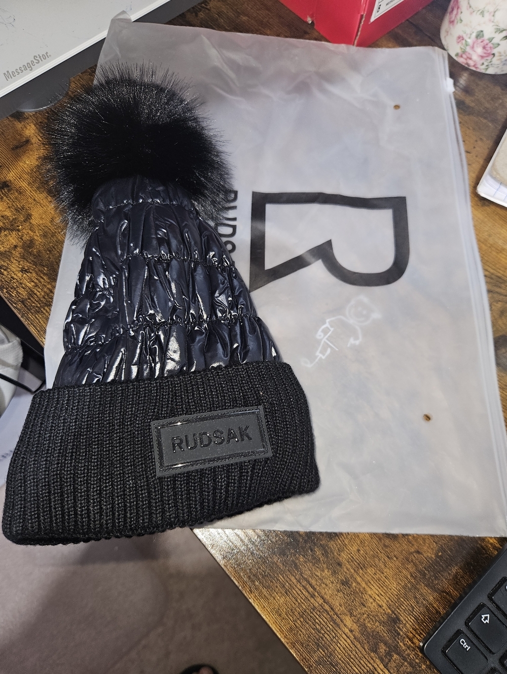 Rudsak Black Quilted Pom Beanie